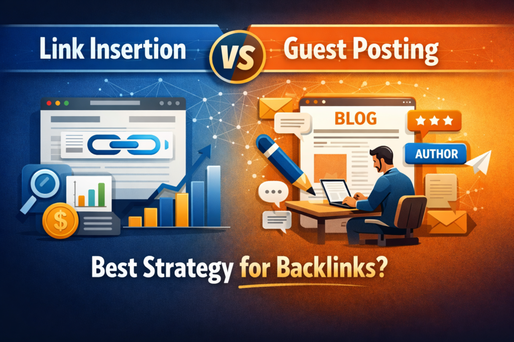 Link insertion vs guest posting comparison showing backlink strategies, SEO growth, and blog content creation